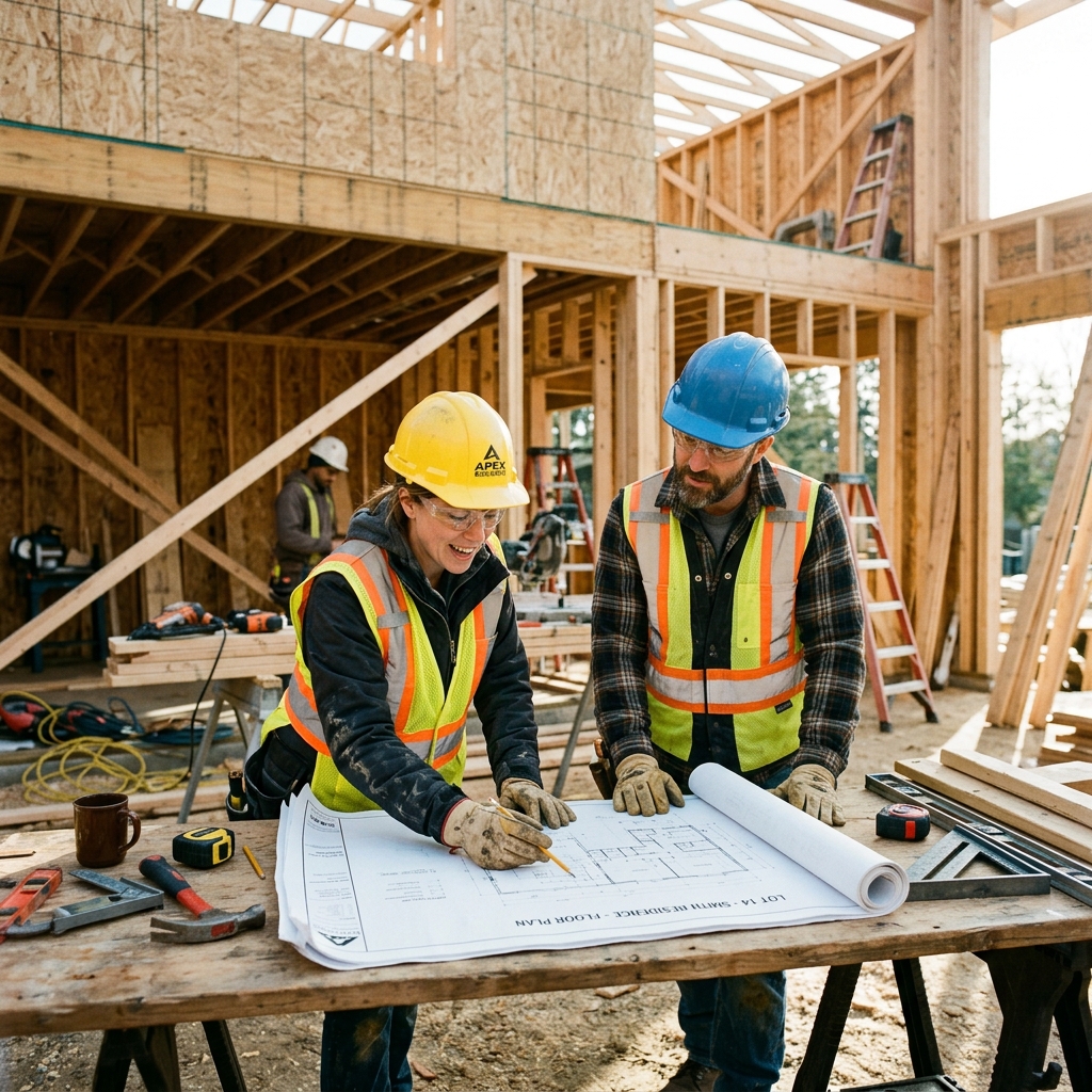 Builders discussing blueprints